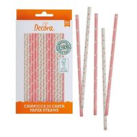 White-pink paper straws with dots and stars 80 pcs