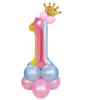 Regenbogenrosa-blaue Luftballons mit einer Krone Nr. 1