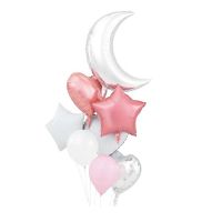 Balloons white-silver-pink, moon, stars, heart 8 pcs