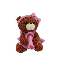 A brown teddy bear with a pink dress