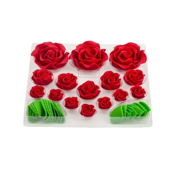Set mit 15 roten Rosen und Blättern