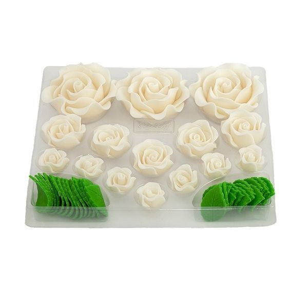 Set mit 15 weißen Rosen und Blättern