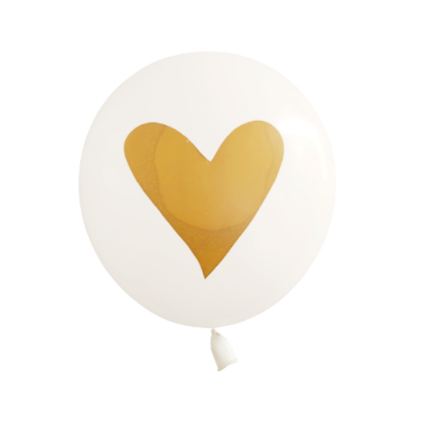 Balóny - biele so zlatým srdcom 30 cm - 6 ks