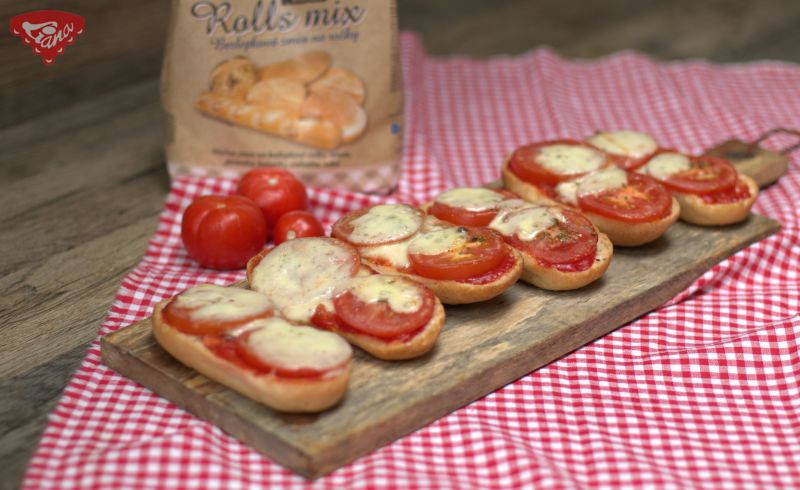 Gluten-free baked baguettes with tomatoes and mozzarella